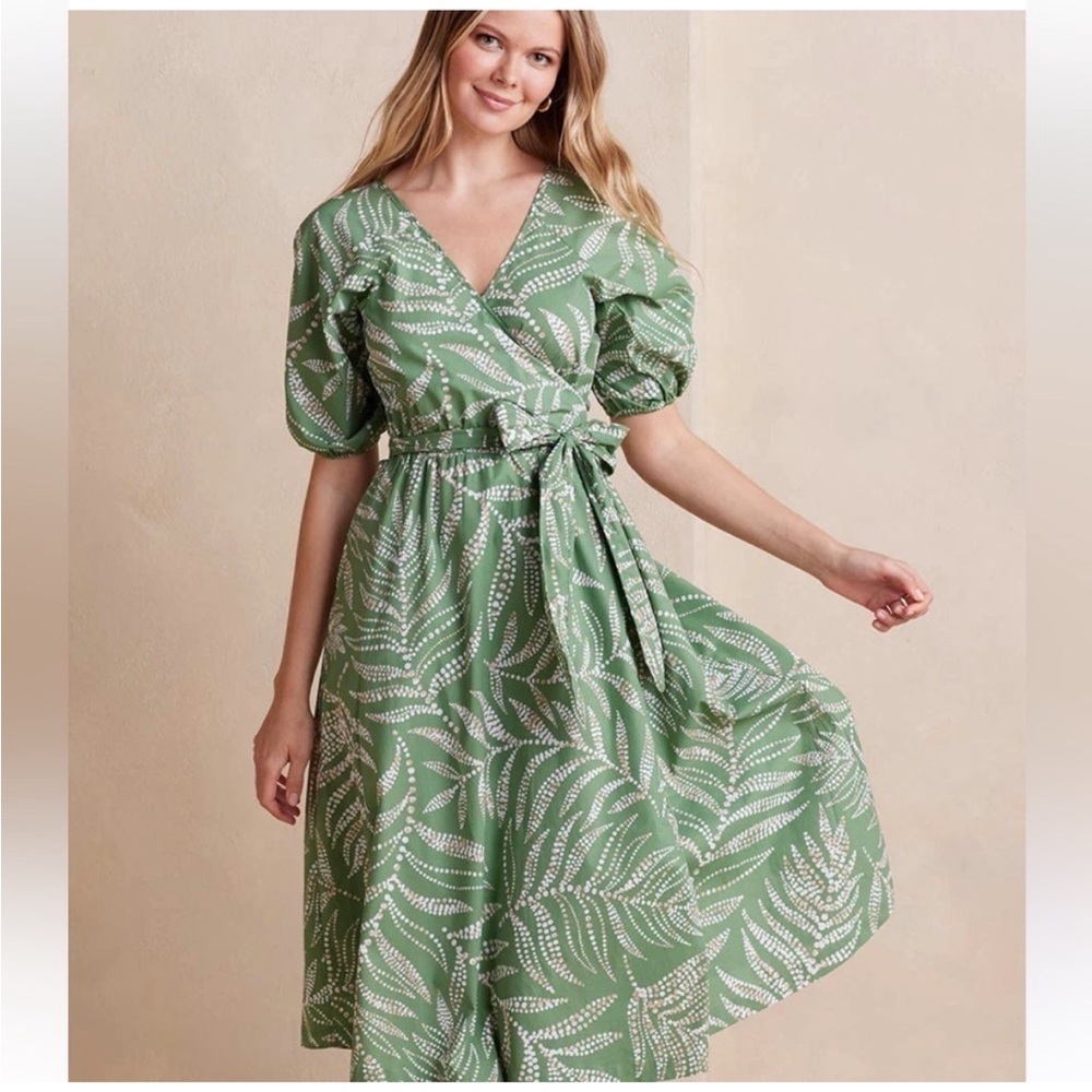 Summersalt The Coastal Poplin Puff Sleeve True Wrap Midi Dress In Green Size M